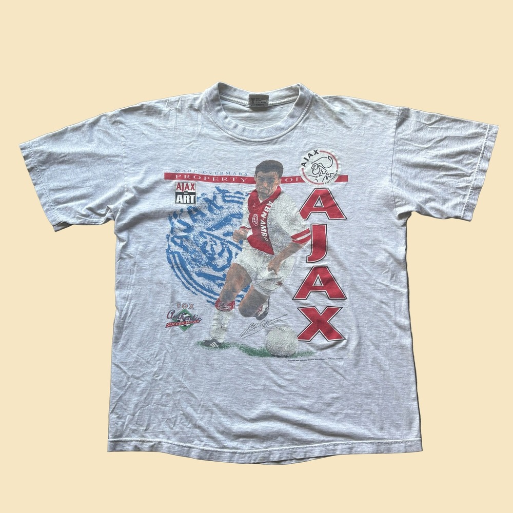 Vintage 90s Ajax Amsterdam Marc Overmars Fox Tees Soccer Graphic T-Shirt XL Gray